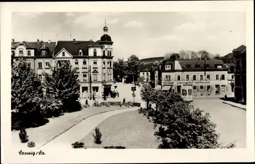 Ak Coswig in Sachsen, Geschäfte, Lebensmittel, Spirituosen, Erkerturm