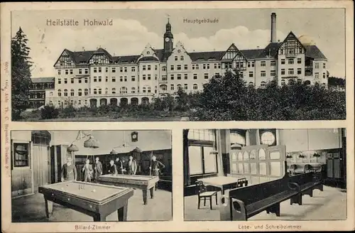 Ak Hohwald Neustadt in Sachsen, Heilstätte, Hauptgebäude, Billard Zimmer, Lese u Schreibzimmer