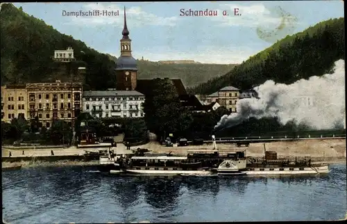 Ak Bad Schandau Sächsische Schweiz, Elbe, Dampfschiff-Hotel, Kirchturm, Dampfschiff