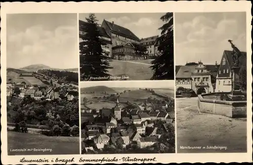 Ak Lauenstein Altenberg im Erzgebirge, Marktbrunnen, Schlosseingang, Geisingberg, Goldener Löwe