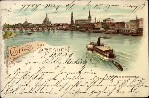 Litho Dresden Altstadt, Brücke, Kirchtürme, Dampfschiff, Beiboot