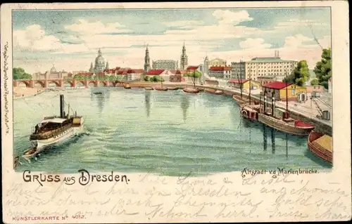 Litho Dresden Altstadt, Marienbrücke, Raddampfer, Schiffe, Brücke, Kirchtürme