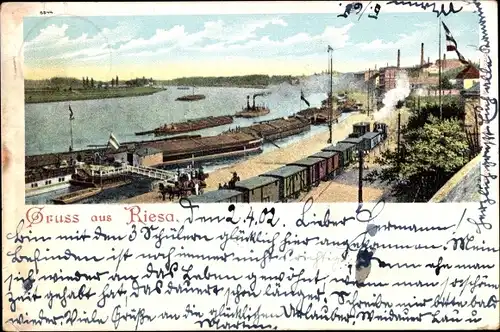 Ak Riesa an der Elbe Sachsen, Anleger, Eisenbahn, Schiffe