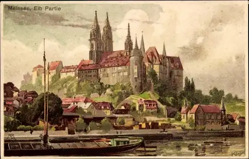 Künstler Litho Kley, Meißen in Sachsen, Elbe mit Albrechtsburg