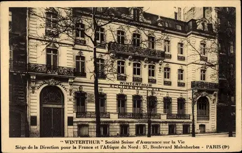 Ak Paris VIII., Winterthur, Societe Suisse d'Assurance sur la Vie, 57, Boulevard Malesherbes