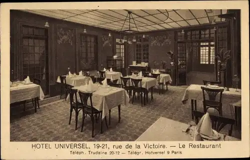 Ak Paris IX., Hotel Universel, 19-21, Rue de la Victorie, The Restaurant
