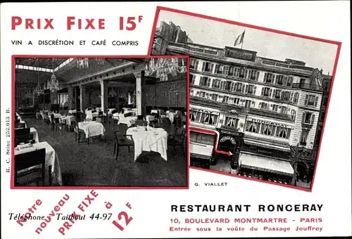 Ak Paris IX., Restaurant Ronceray, 10, Boulevard Montmartre