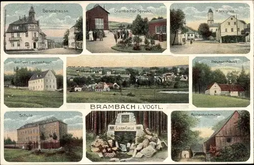 Ak Bad Brambach im Vogtland, Brambacher Sprudel, Marktplatz, Gasthaus zum grünen Frosch, Schule