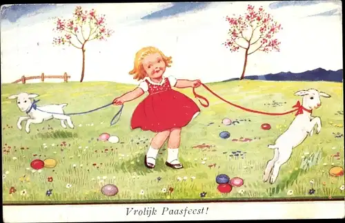 Künstler Ak Wills, John, Frohe Ostern, Mädchen mit jungen Ziegen, Ostereier