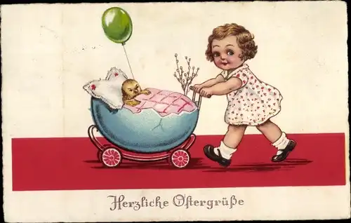 Künstler Ak Wills, John, Frohe Ostern, Küken in Kinderwagen, Mädchen