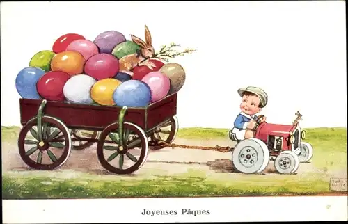 Künstler Ak Wills, John, Frohe Ostern, Junge auf einem Traktor, Wagen, Ostereier, Osterhase