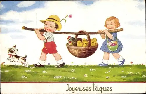 Künstler Ak Wills, John, Frohe Ostern, Kinder tragen Korb mit Henne und Küken, Hund