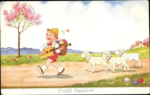 Künstler Ak Wills, John, Frohe Ostern, Junge mit Gitarre, Lämmer, Ostereier