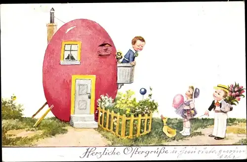 Künstler Ak Wills, John, Frohe Ostern, Kinder, Ostereierhaus