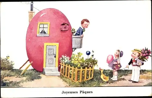 Künstler Ak Wills, John, Frohe Ostern, Kinder, Ostereierhaus