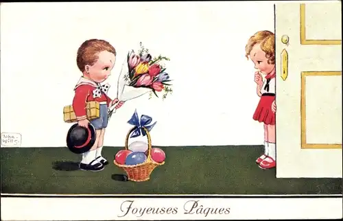 Künstler Ak Wills, John, Frohe Ostern, Junge mit Tulpen und Ostereier, Mädchen an der Tür