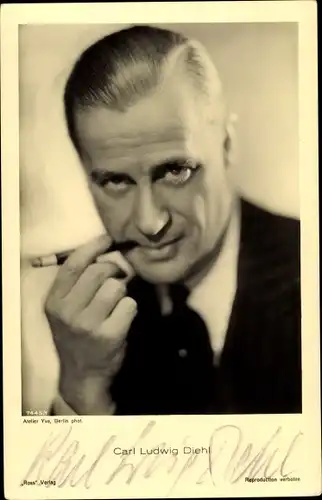 Ak Schauspieler Carl Ludwig Diehl, Portrait mit Zigarette, Autogramm