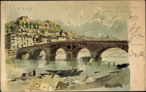 Künstler Ak Verona Veneto, Ponte della Pietra, Castel S. Pietro