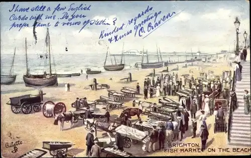 Künstler Ak Brighton East Sussex England, Fischmarkt am Strand