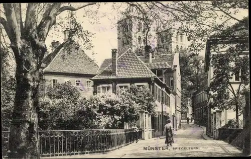 Ak Münster in Westfalen, Spiegelturm, Straßenpartie