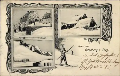 Passepartout Ak Altenberg im Erzgebirge, eingeschneite Häuser im Ort