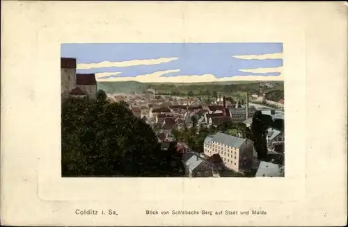 Präge Passepartout Ak Colditz in Sachsen, Blick vom Schlobachs Berg, Stadt, Mulde