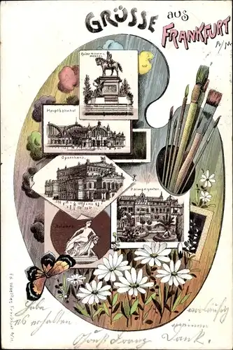 Passepartout Ak Frankfurt am Main, Malerpalette, Schmetterling, Opernhaus, Palmengarten