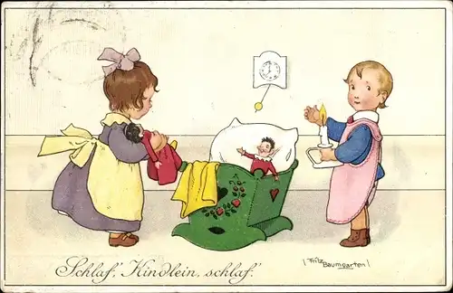 Künstler Ak Baumgarten, Fritz, Schlaf Kindlein schlaf, Puppe, Puppenwiege