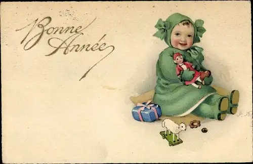 Künstler Ak Baumgarten, Fritz, Fröhliches Neujahr, Kind mit Puppe, Spielzeug