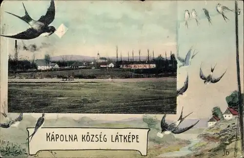 Passepartout Ak Kápolna Ungarn, Gesamtansicht, Schwalben