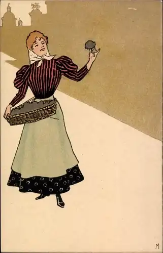 Ak Junge Frau mit Blumenkorb, Kopftuch, Rock