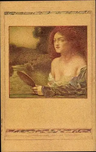 Jugendstil Künstler Ak Frauenbildnis, rothaarige Frau mit Handspiegel