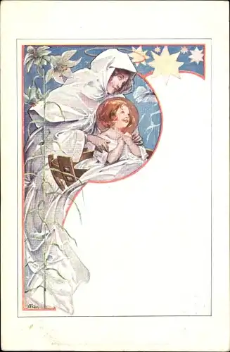 Jugendstil Künstler Ak Frau und betendes Kind, Sterne, Heilige