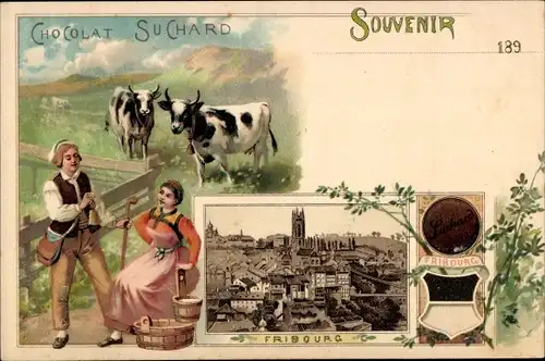 Litho Fribourg Freiburg Stadt Schweiz, Chocolat Suchard, Trachten, Wappen