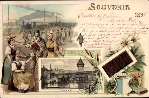 Litho Luzern Luzern Stadt Schweiz, Blumenfrauen, Stadtansicht, Schokolade Suchard