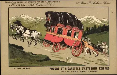 Künstler Litho La Diligence, Vin Aroud, Pferde ziehen Kutsche, Passagiere schieben