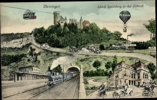 Ak Meiningen in Thüringen, Schloss Landsberg in der Zukunft, Ballon, Seilbahn, Bahnhof