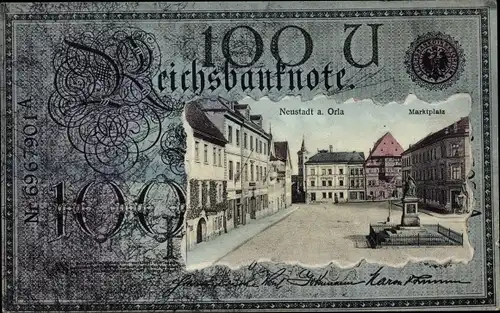 Passepartout Ak Neustadt an der Orla, Marktplatz, Reichsbanknote