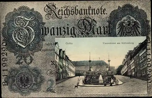 Passepartout Ak Gotha in Thüringen, Wasserkunst am Schlossberg, Reichsbanknote