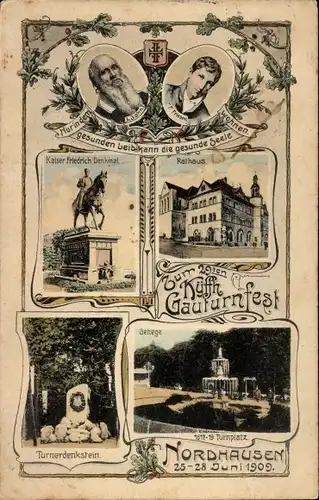 Ak Nordhausen am Harz, Gauturnfest 1909, Kaiser Friedrich Denkmal, Turnerdenkstein, Rathaus