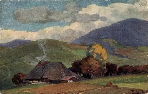 Künstler Ak Reiss, Fritz, Schwarzwald, Landschaft, Bauernhaus, Berge