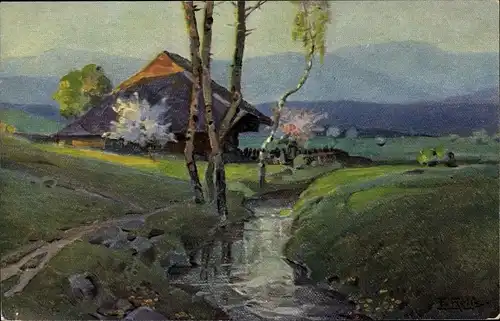 Künstler Ak Reiss, Fritz, Frühling im Schwarzwald, Flusslauf, Gehöft