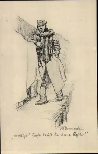 Künstler Ak Blumenschein, R., Soldat in Mantel, Pfeife rauchend, I. Wk