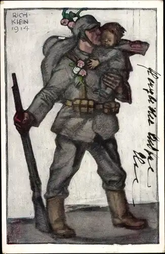 Künstler Ak Klein, Richard, Soldat küsst ein Kind, Kriegsausmarsch