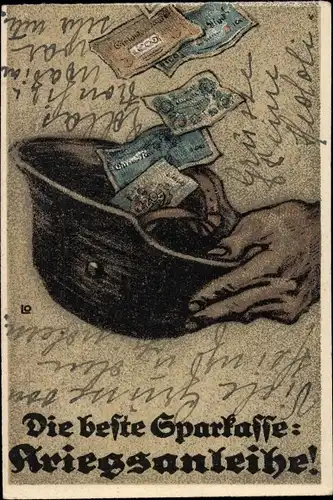 Künstler Ak Die beste Sparkasse, Kriegsanleihe, Stahlhelm, Geldscheine