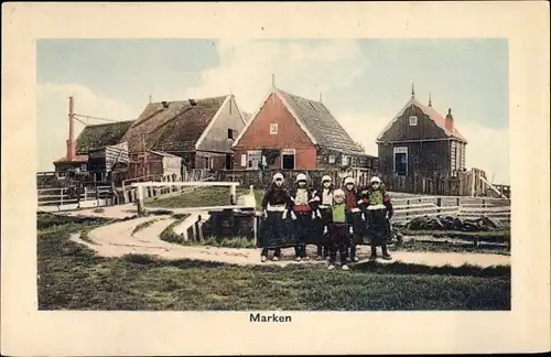 Ak Marken Nordholland Niederlande, Kinder, Tracht, Wohnhäuser