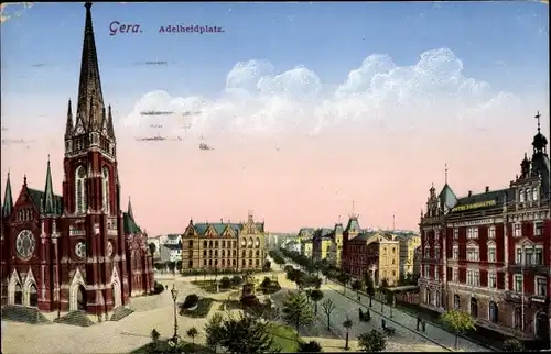 Ak Gera in Thüringen, Adelheidplatz, Kirche, Denkmal
