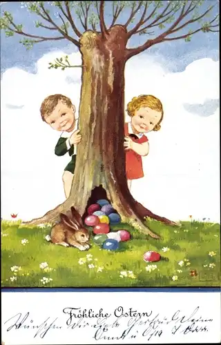 Künstler Ak Wills, John, Frohe Ostern, Junge und Mädchen, Osterhase, Ostereier