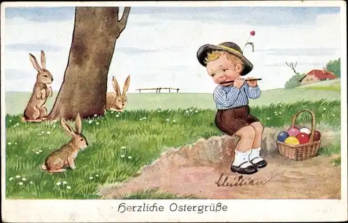 Künstler Ak Frohe Ostern, Junge mit Flöte, Osterhasen, Ostereier