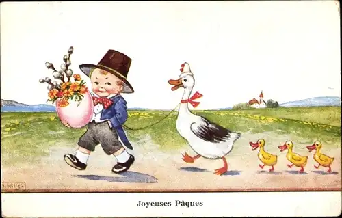 Künstler Ak Wills, John, Frohe Ostern, Junge mit Osterei, Ente, Entenküken